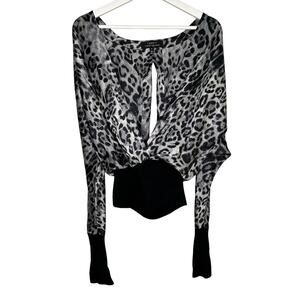 Robert Rodriguez Leopard Print Long Sleeve Surplice V-Neck Blouse Top Black 10